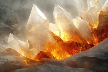 Poster - Glow crystalline formations emerge from a textured surface, light radiating with a warm orange and ethereal ambiance in a surreal landscape.