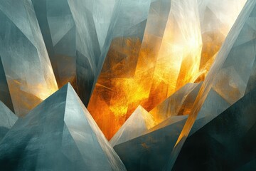 Fototapete - Abstract geometric composition featuring blue-gray facets illuminated by a warm, golden light source, creating a dynamic and visually compelling image.