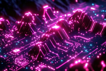 Aufkleber - Abstract motherboard landscape with vibrant pink and blue neon lights symbolizing technology, connectivity, and futuristic digital networks.