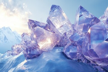 Fototapete - Magnificent, jagged crystals dominate a snowy landscape, reflecting sunlight against a backdrop of misty mountains and soft, blue sky.