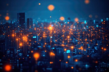 Poster - A futuristic cityscape is interconnected by a network of glowing orange lines and bokeh lights against a dark blue background.