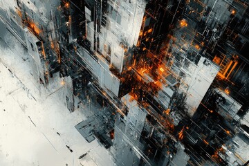 Poster - Abstract digital cityscape with glowing orange elements, featuring a futuristic and geometric design.