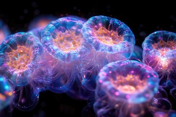 Wall Mural - Glowing jellyfish-like organisms with intricate patterns and vibrant colors, set against a dark background, appear ethereal and otherworldly.
