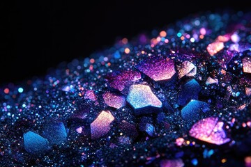 Fototapete - Sparkling cosmic landscape with scattered gemstones in shades of deep blue, purple, and iridescent pink, against a dark backdrop.