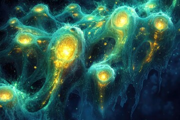 Aufkleber - Abstract bioluminescent cells connected by tendrils, emitting golden light, set against a dark background, creating an otherworldly and organic spectacle.