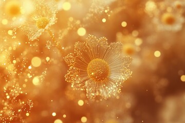 Aufkleber - Golden flowers with sparkling light effect, creating a magical, warm, and dreamy atmosphere with bokeh effects.