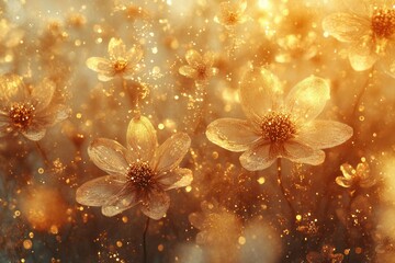 Poster - Golden flowers sparkle with sunlight, creating a whimsical, dreamy, and ethereal scene of nature's beauty.