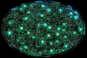 Poster - Abstract glowing circuit board design with vibrant green lights, set against a dark background in an oval shape.