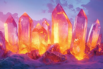 Poster - A captivating display of large, glowing crystals in warm orange and pink hues against a dreamy, cloudy sky backdrop.
