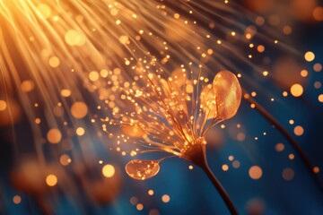Aufkleber - Abstract golden flower with glowing particles, creating an ethereal and dreamy atmosphere with warm lighting on a dark blue background.