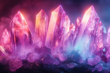 Poster - A vibrant and ethereal display of raw crystals, illuminated with pink, purple, and blue light, creates a magical geological spectacle.