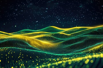 Aufkleber - Abstract digital landscape with yellow and green glowing lines resembling waves under a starry night sky, creating a futuristic and serene scene.