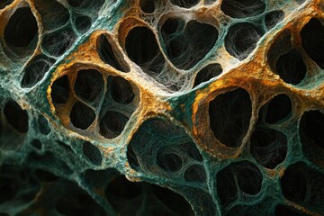 Leinwandbilder - Close-up of a porous, sponge-like material with brown and green hues, displaying intricate, interconnected cavities and a textured surface.