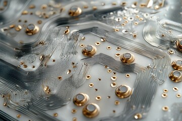 Fototapete - Close-up of a circuit board with golden components and silver wiring, creating an intricate and abstract pattern.
