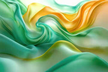 Poster - Abstract flowing fabric with green, yellow, and orange hues, creating a soft and ethereal design with gentle curves.