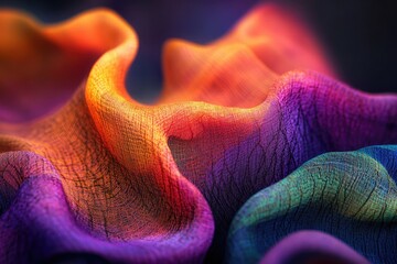 Aufkleber - Abstract image of undulating fabric with vibrant color gradients transitioning from orange to purple and blue, creating a mesmerizing visual effect.