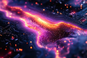 Poster - Abstract circuit board with glowing purple and orange light, representing digital technology and innovation.