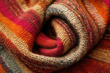 Aufkleber - Close-up of a colorful, textured knitted scarf in hues of orange, red, brown, and beige, creating a cozy, warm feel.