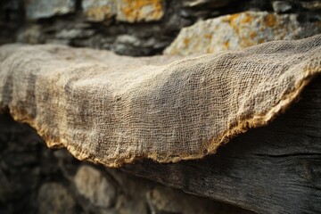 Poster - A close-up shows burlap fabric draped over aged wood, with a stone wall backdrop, showcasing rustic textures.