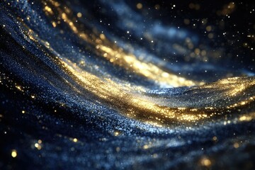 Aufkleber - Abstract cosmic waves with glistening golden particles against a deep blue, night-like backdrop.