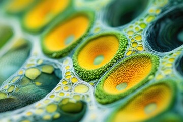 Leinwandbilder - Macro photograph displaying intricate patterns of interconnected green and yellow spheres with a mesh-like structure.