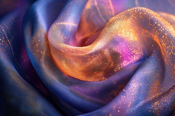 Leinwandbilder - Flowing fabric with shimmering gold accents, transitioning from blue to orange, creating a luxurious and ethereal texture.