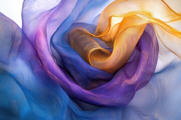 Leinwandbilder - Abstract image showcases swirling, translucent fabrics in mesmerizing hues of blue, purple, and gold with delicate, flowing shapes.