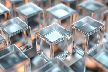 Fototapete - Transparent glass cubes arranged in a grid pattern with soft lighting illuminating the surfaces in an abstract artistic display