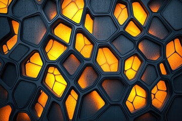 Poster - Abstract, geometric wall pattern with glowing orange light shining through dark, irregular honeycomb cells.