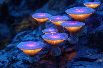 Wall Mural - Glowing mushrooms illuminate a dark, mystical landscape with their bioluminescent caps, casting an ethereal, otherworldly glow.