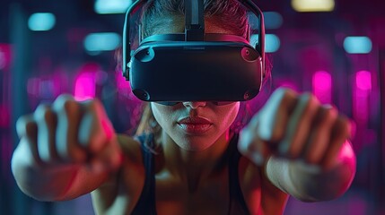Woman using VR headset for fitness training in gym.