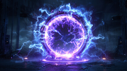 Wall Mural - Level up effect. Realistic teleportation portal. Teleportation process game effect, futuristic lighting and bright wrap aura. Energy circles and rays on black background.