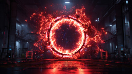 Wall Mural - Level up effect. Realistic teleportation portal. Teleportation process game effect, futuristic lighting and bright wrap aura. Energy circles and rays on black background.