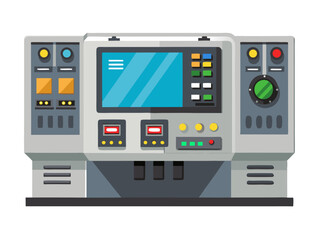  Vector of a digital industrial control panel with screens, buttons, and gauges, isolated on white background.
