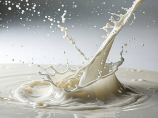 Fototapete - milk splash captured mid-motion with dynamic droplets and ripples creating visually striking patterns against a dark backdrop highlighting fluid dynamics in an artistic manner