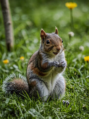 Wall Mural - Adorable squirrel indulging in a nutty feast amidst a verdant grassy meadow.