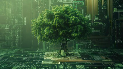 Wall Mural - green tree grows from circuit board. eco tech concept. sustainable future. environmentally friendly 