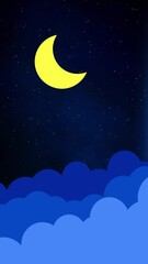 Wall Mural - vertical crescent moon with cloud layers 4k loop features a starry sky with a 2d yellow crescent moo