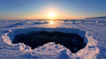 Wall Mural - Arctic tundra landscape with melting ice at sunset