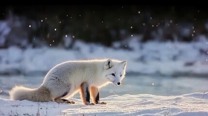 Wall Mural - white arctic fox exploring snowy tundra landscape