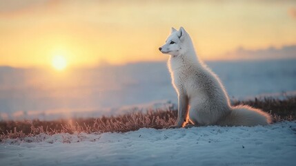 Wall Mural - white arctic fox sitting in snowy landscape at sunset