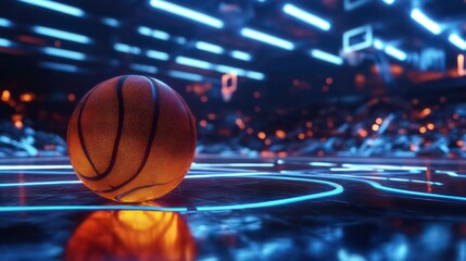 Wall Mural - glowing basketball on a futuristic court with neon lights, symbolizing sports, technology, and innov