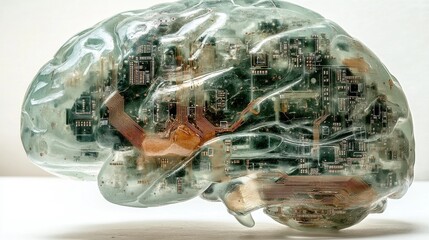 Leinwandbilder - Human-like brain formed from electronic circuits and artificial components sits atop a circuit board, blending natural and technological elements in a creative concept