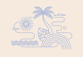 minimalist summer concept design. linear simple, modern style. summer background with palms, beach, 
