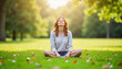 © Natallia - Woman meditating peacefully on fresh grass in serene park, Smell of fresh grass, Lawn mowing