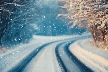 Poster - Winding road covered in fresh snow during a serene winter landscape with falling snowflakes and frosted trees in the early morning light
