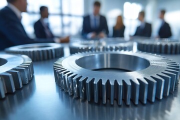 Aufkleber - Gears and professionals discussing engineering solutions at a business meeting in a modern office environment during daylight hours
