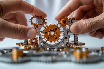 Leinwandbilder - Collaboration on intricate mechanical assembly takes place indoors, showcasing precision and focus among skilled hands at work on various gears and components