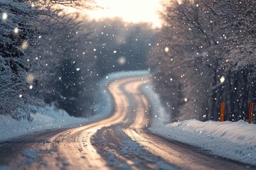 Poster - Winding road covered in fresh snow during a serene winter landscape with falling snowflakes and frosted trees in the early morning light