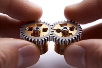 Leinwandbilder - Collaboration on intricate mechanical assembly takes place indoors, showcasing precision and focus among skilled hands at work on various gears and components